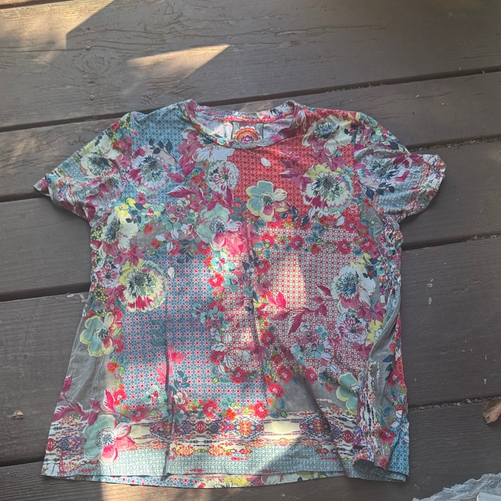 Johnny Was Multicolor Floral Patchwork Tee